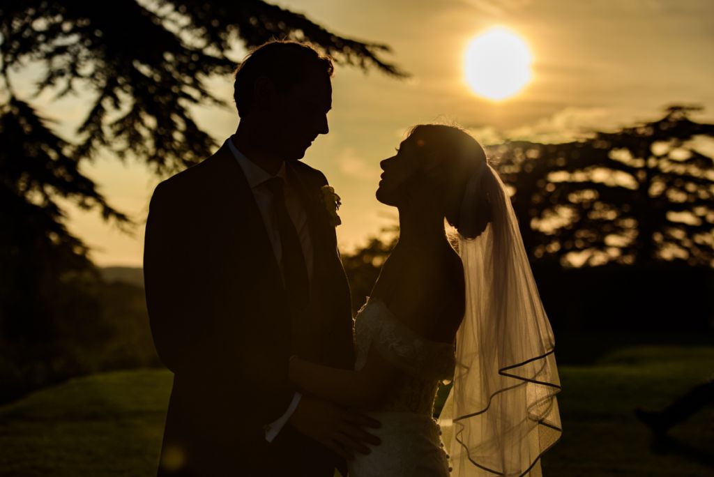 Golden hour bride and groom at Hedsor House